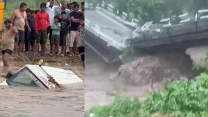 heavy rain in uttarakhand | bridge broken in almora | forest department vehicle stuck in river |